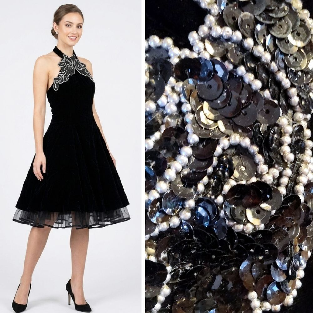 Betsy & Adam VTG 90s Black Velvet Sequins Midi Tulle Prom‎ Dress SZ 13/14 *Med